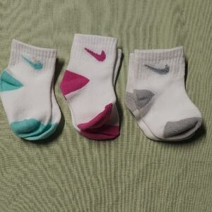 Nike Kids' White Socks with Teal, Pink, and Gray Accents. Set Of 3